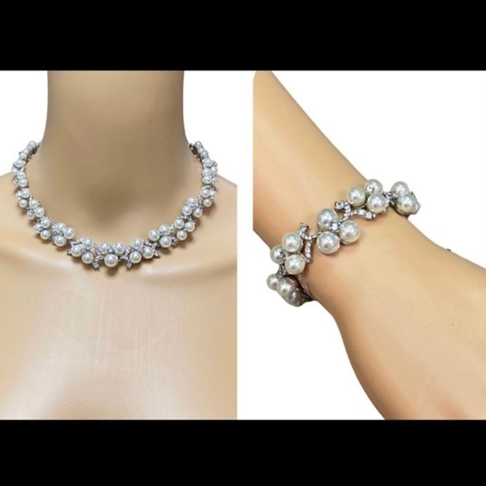 Faux pearls & rhinestones in silver-toned choker Necklace & bracelet - 2 pcs set